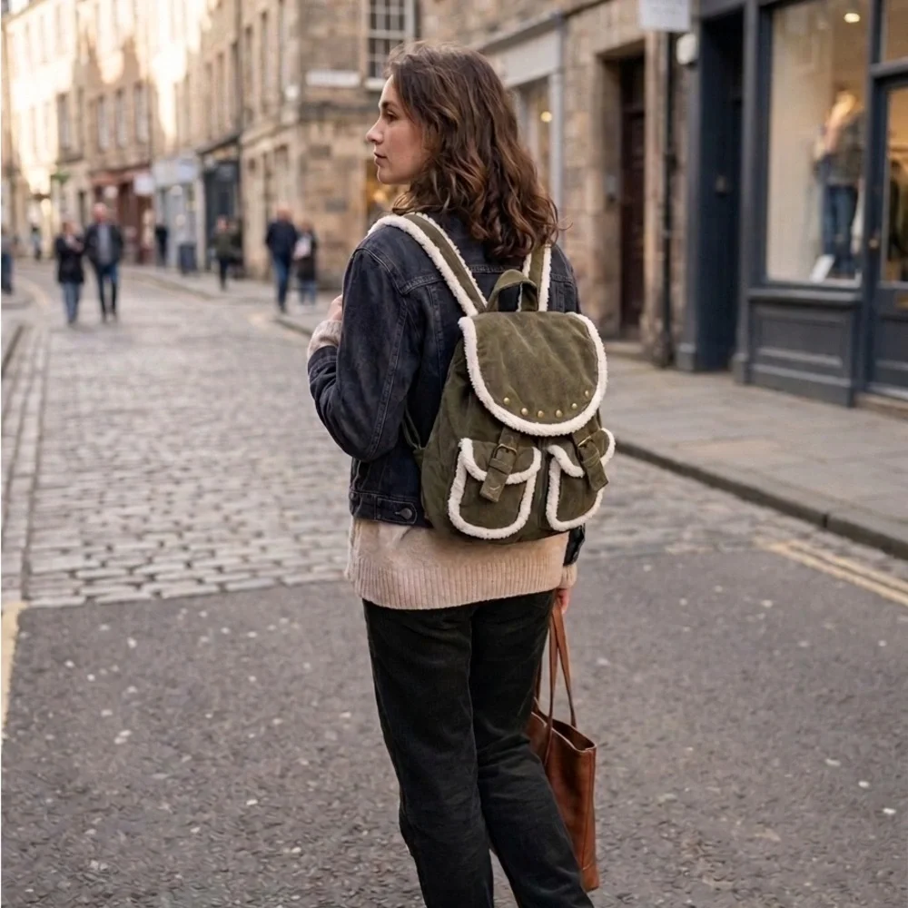 Faded Glory Olive Green Backpack with Cream‎ Shearling Trim